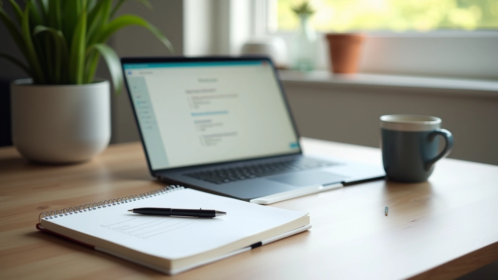 Student laptop setup with organized desk showing time management app, notebook, and coffee mug in morning light