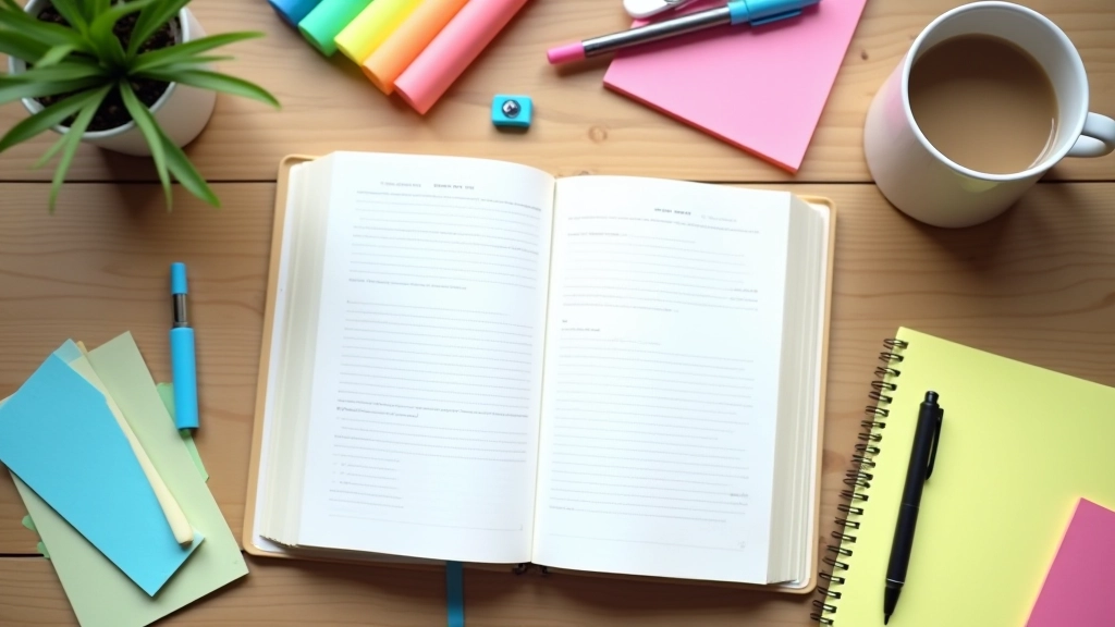 Desk setup showing organized study materials with color-coded notes and planning calendar