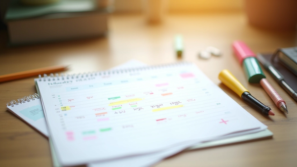 Organized study schedule on calendar, time-blocked study sessions with planned intervals and review dates