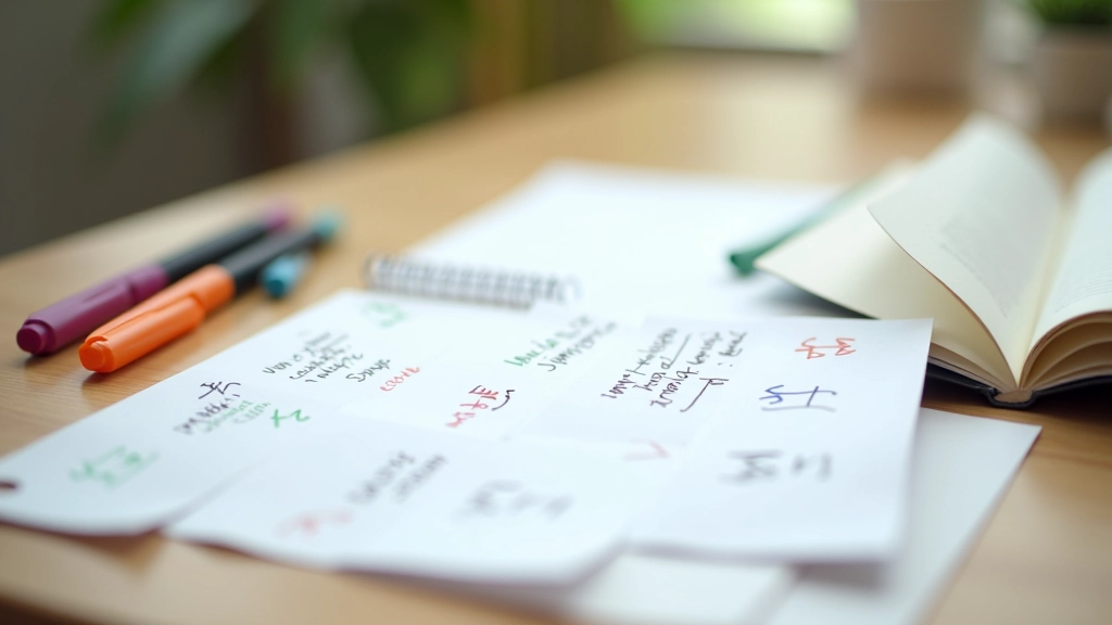 Organized study materials including flashcards, notebooks, and colored markers arranged neatly on desk