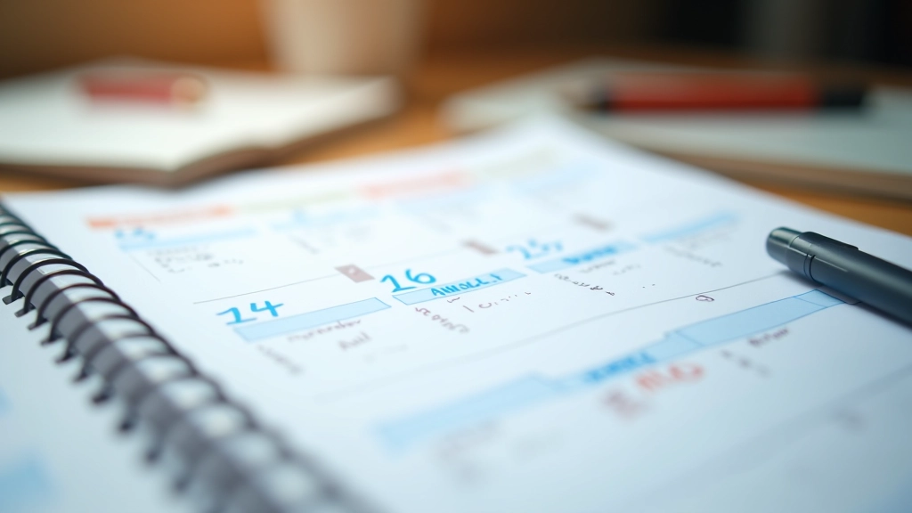 Calendar planner with study schedule written in colored pens and marked dates, organized planning layout