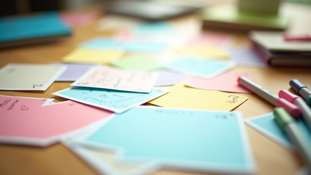 Colorful index cards arranged on desk surface with handwritten information and highlighted text