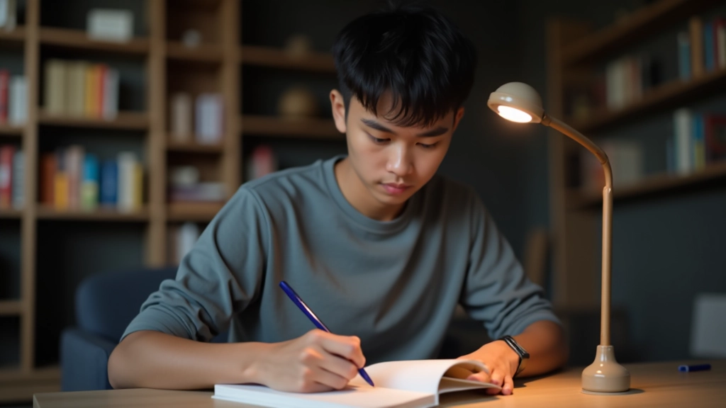 Student at desk during focused study session with timer visible, organized materials, and concentrated expression showing active learning