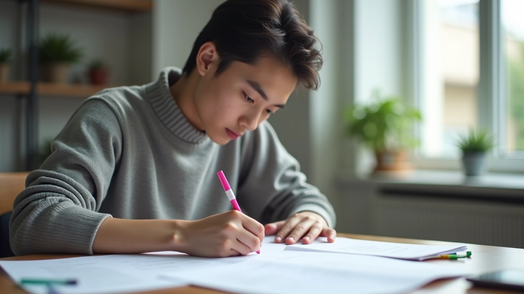 Student creating flashcards at desk with colored markers and index cards for active recall practice