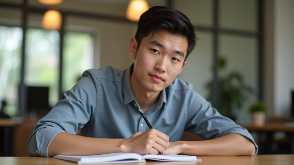 Student sitting at wooden desk with open notebook and pen, looking thoughtful while recalling information from memory