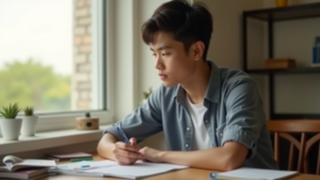 Student studying with organized notes and learning materials in modern study space