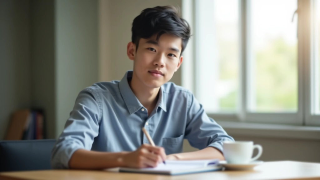 Student studying at desk with notebook and coffee, focused concentration with organized materials