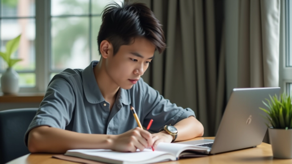 Student studying at desk with notebook and laptop, natural sunlight, focused expression