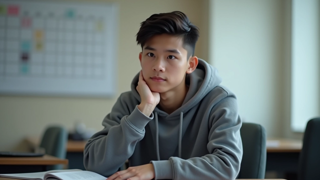 Student looking thoughtful at desk, contemplating study strategy with calendar visible in background